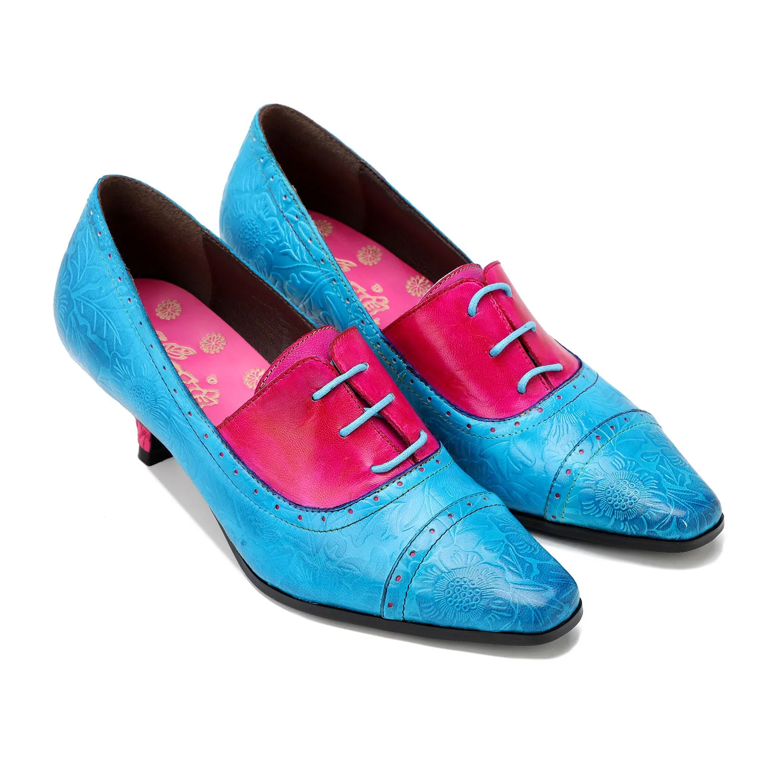 Hand-embossed Leather Low Heels