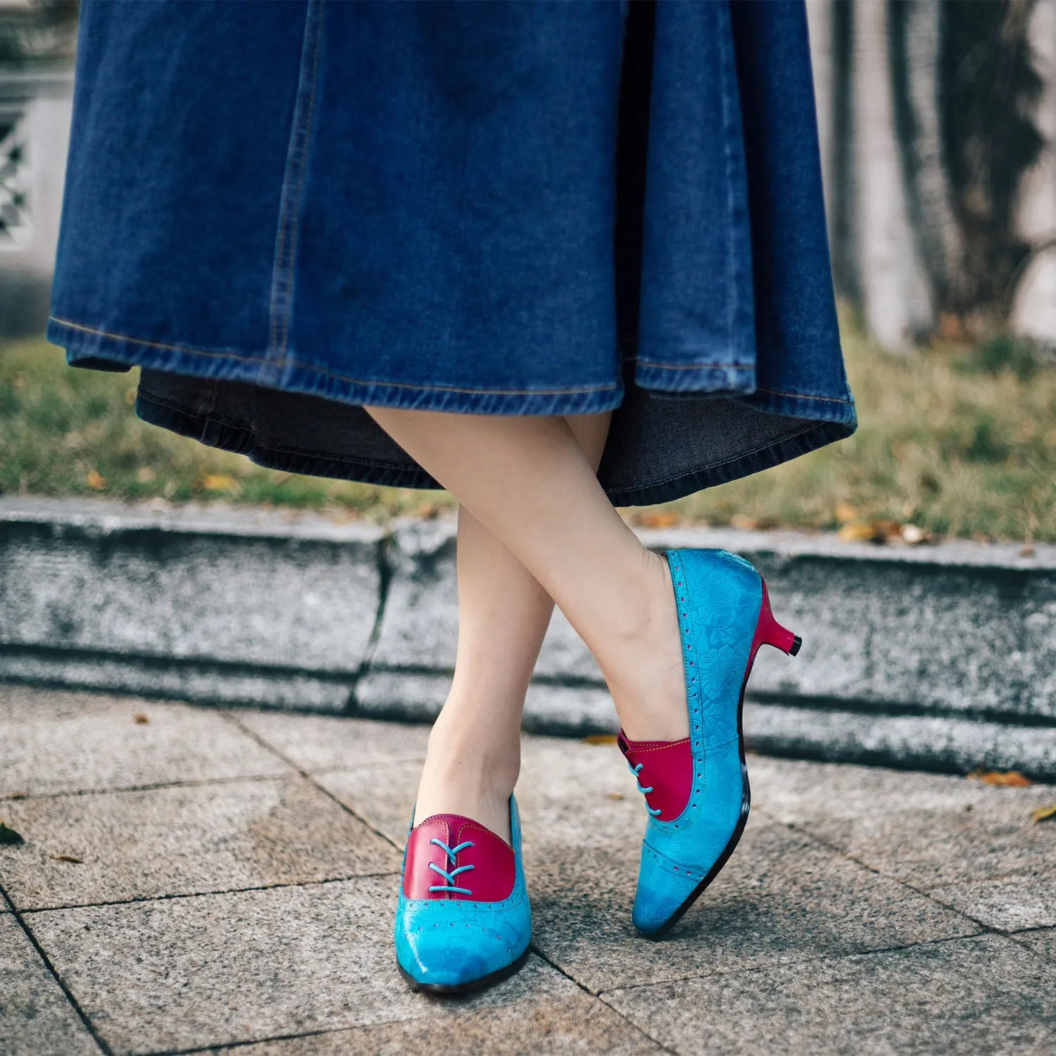 Hand-embossed Leather Low Heels