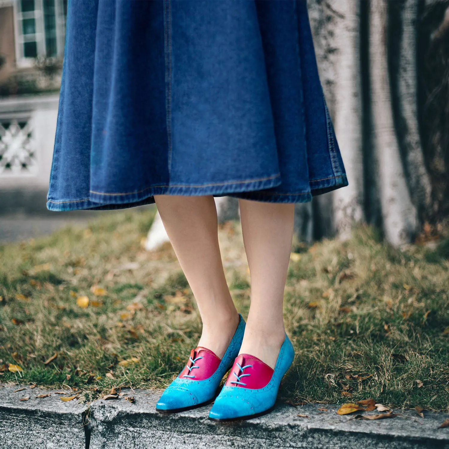 Hand-embossed Leather Low Heels