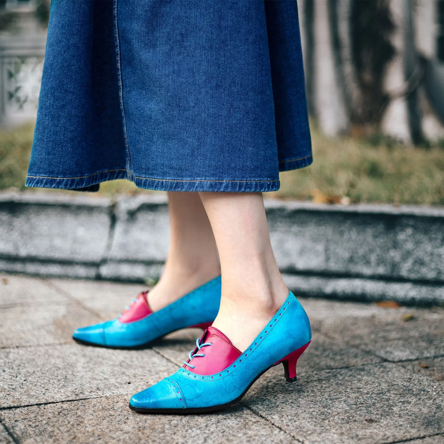 Hand-embossed Leather Low Heels