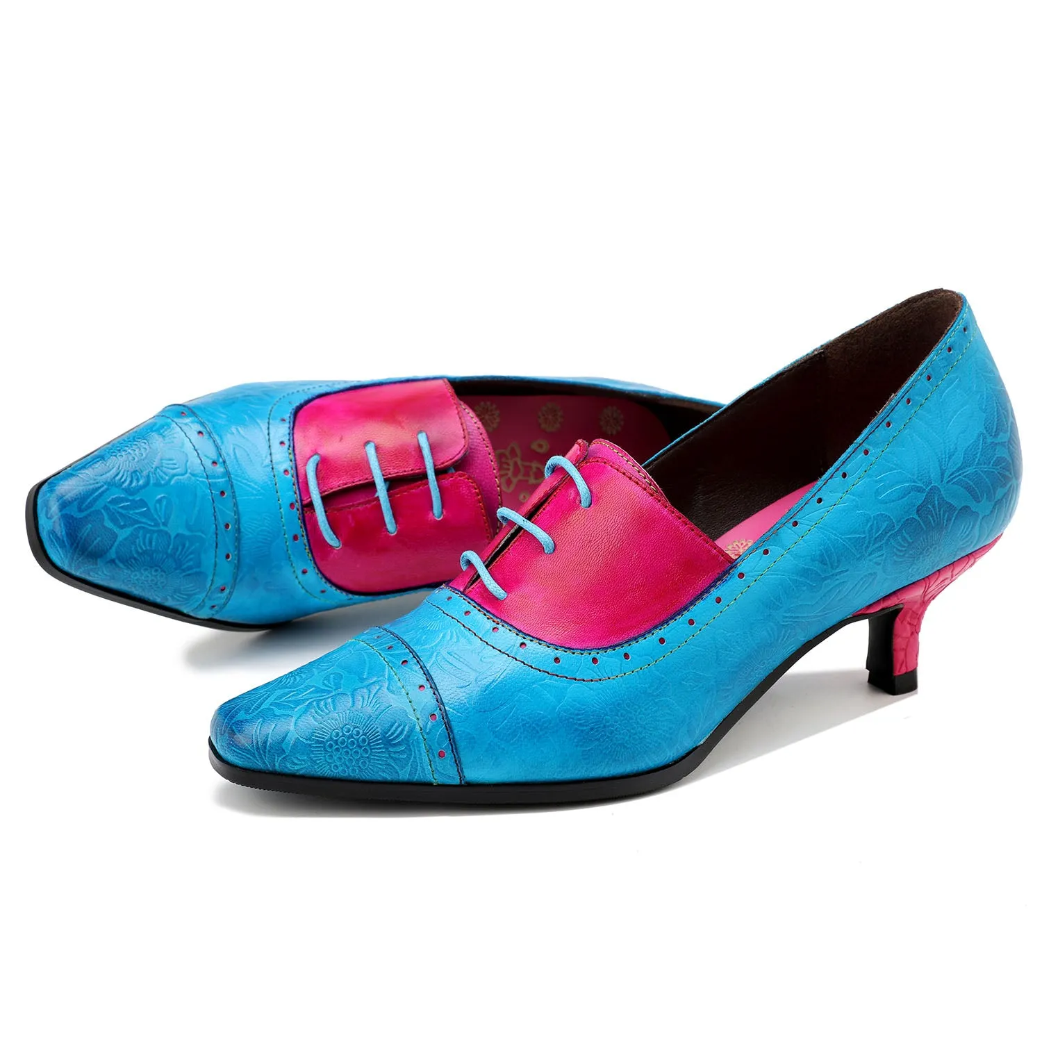 Hand-embossed Leather Low Heels