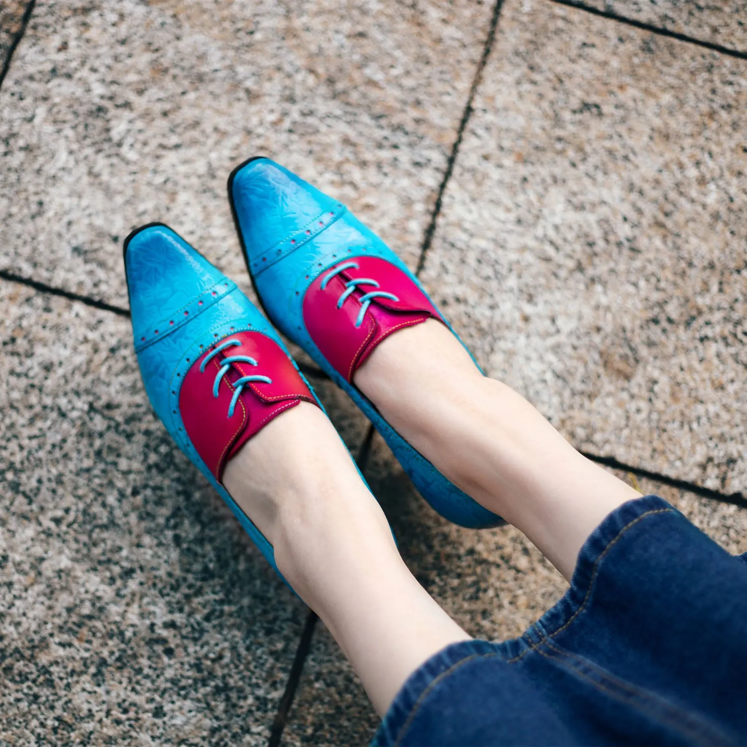 Hand-embossed Leather Low Heels