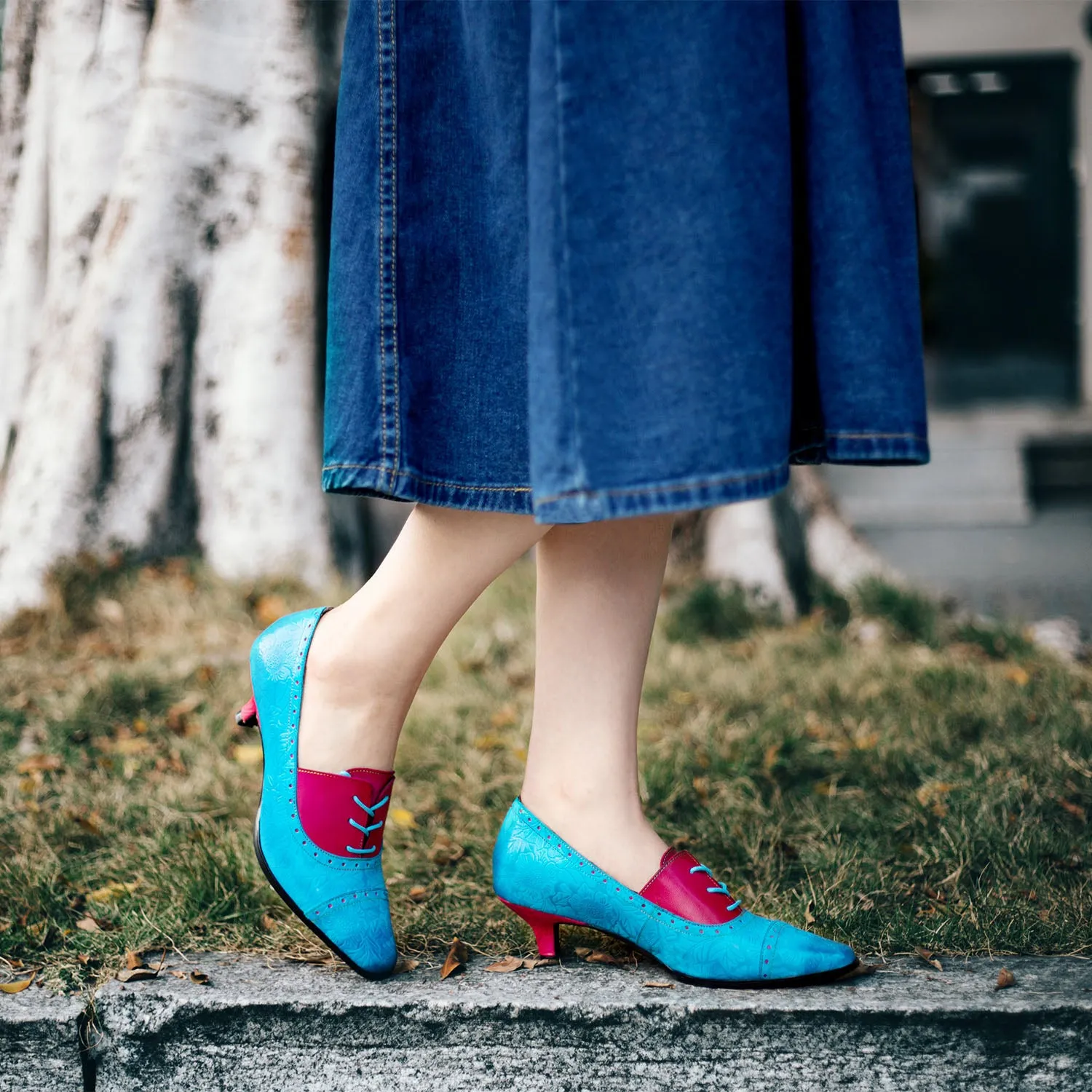Hand-embossed Leather Low Heels