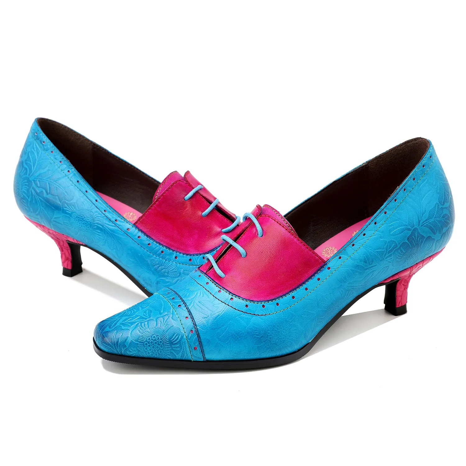 Hand-embossed Leather Low Heels