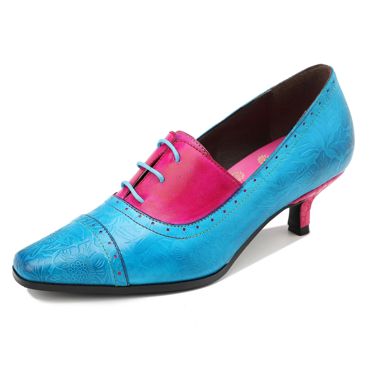 Hand-embossed Leather Low Heels