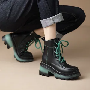 Handmade Cowhide 80mm Chunky Heel Lace-Up Martin Boots with Side Zip Black/Brown