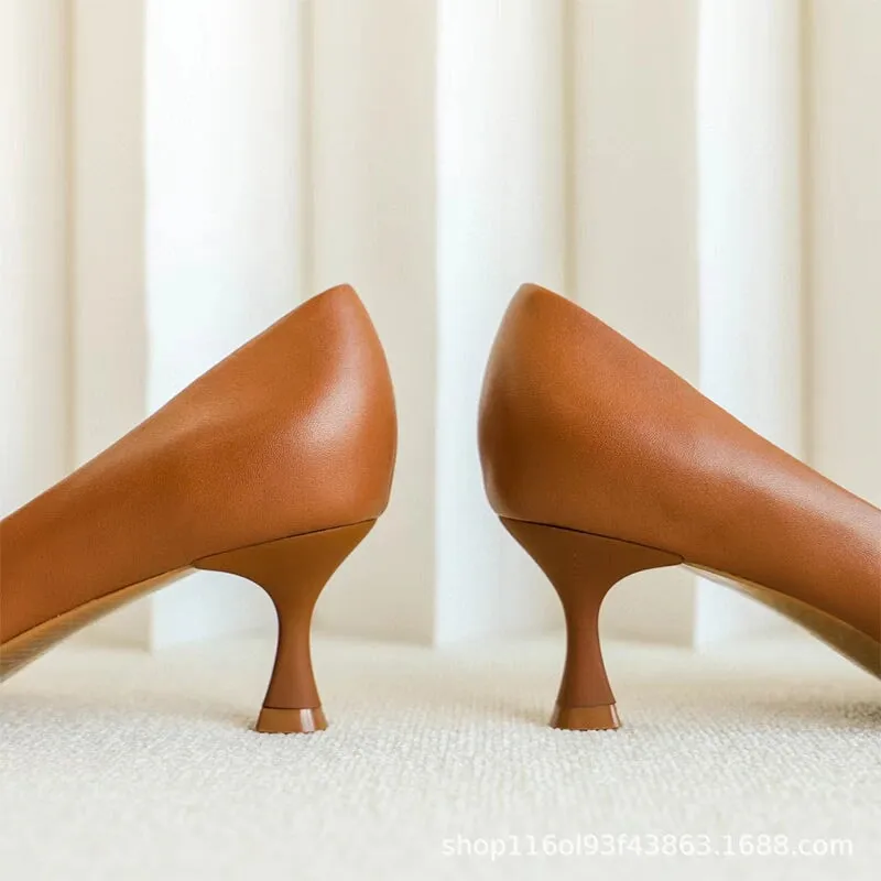 Handmade Leather Point Toe Pumps 6cm Kitty Heel In Brown/White/Black Fashion Style