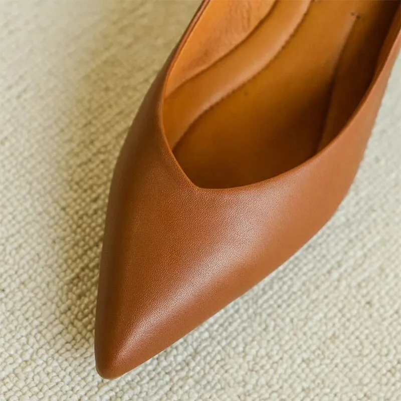 Handmade Leather Point Toe Pumps 6cm Kitty Heel In Brown/White/Black Fashion Style