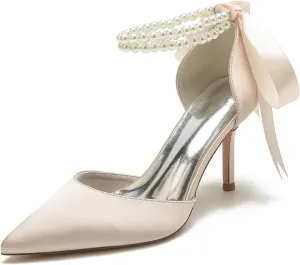 High Heel Wedding Shoes Bride Pointy Toe Pearl Bridal Heels Formal Pumps for Women Evening Stiletto 8.5Cm