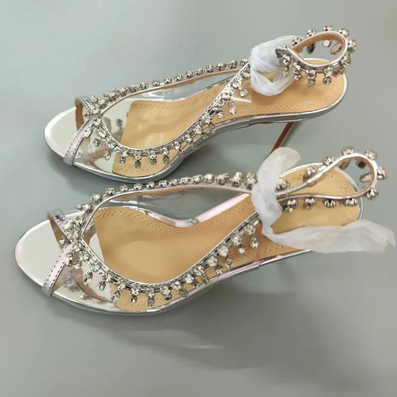 High-heeled Sandals Transparent Fish-mouth with Rhinestones