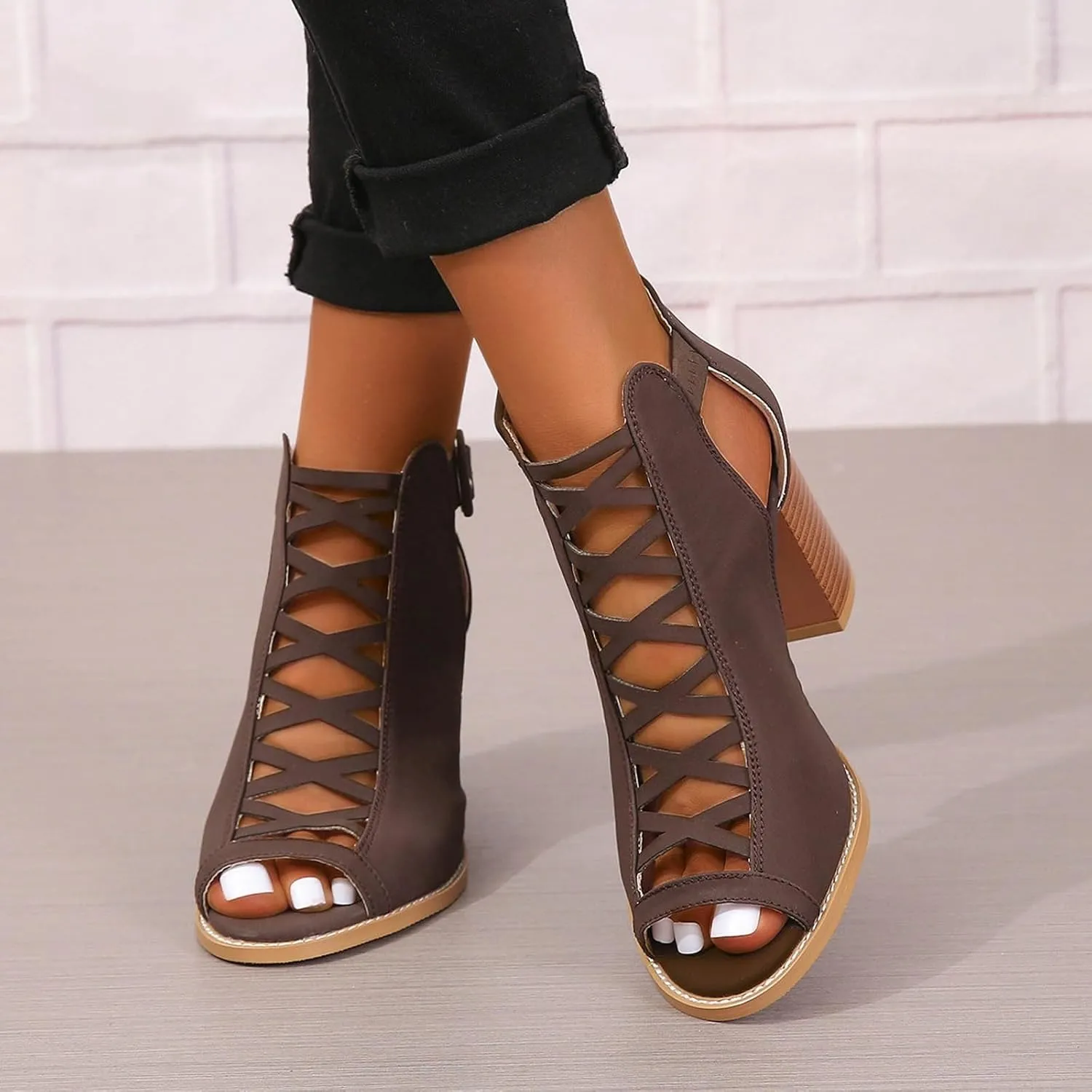 High Heels Pumps Women's Open Toe Booties with Block Heel and Side Comfortable and Stylish Cut Out Design Chunky Heel