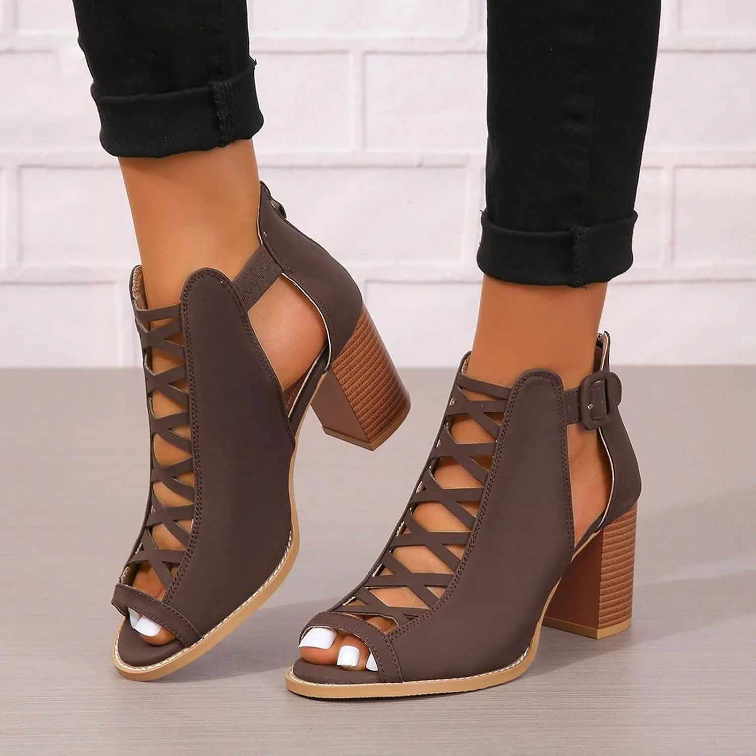High Heels Pumps Women's Open Toe Booties with Block Heel and Side Comfortable and Stylish Cut Out Design Chunky Heel