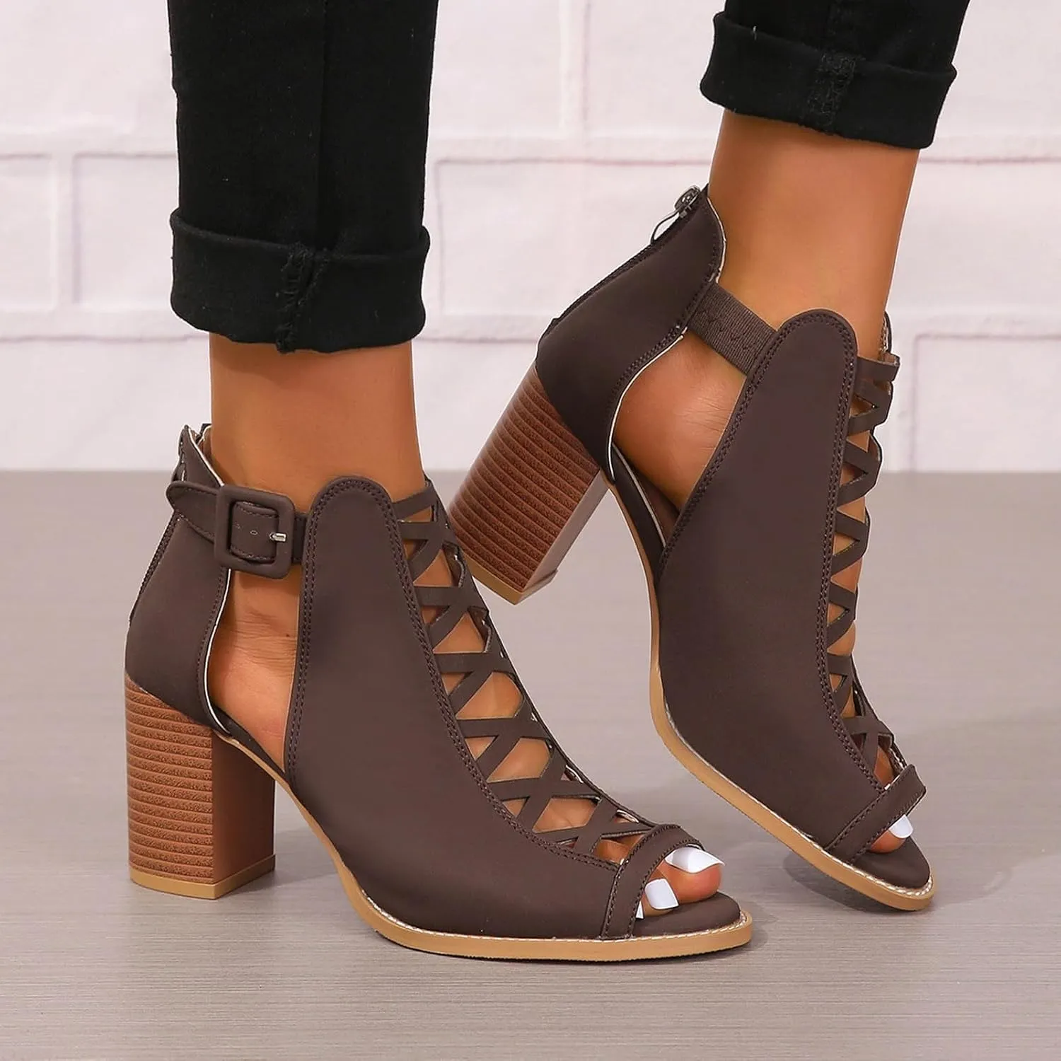 High Heels Pumps Women's Open Toe Booties with Block Heel and Side Comfortable and Stylish Cut Out Design Chunky Heel