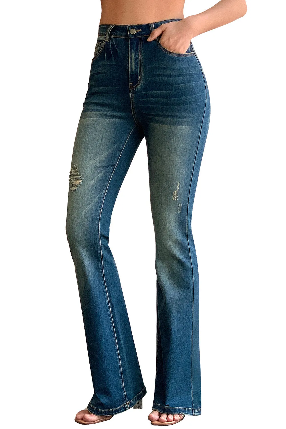 High Rise Ripped Raw Hemline Flare Jeans