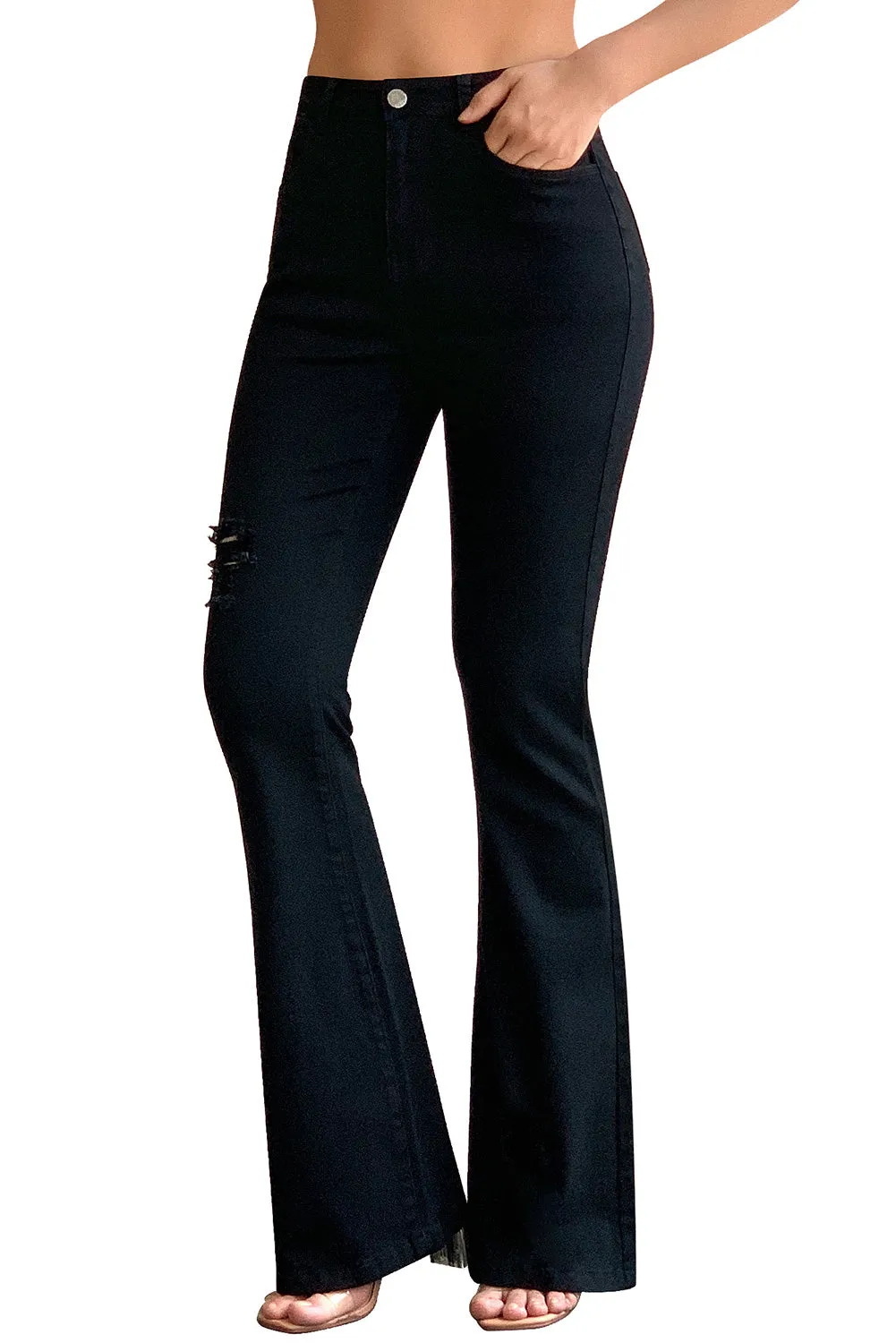 High Rise Ripped Raw Hemline Flare Jeans