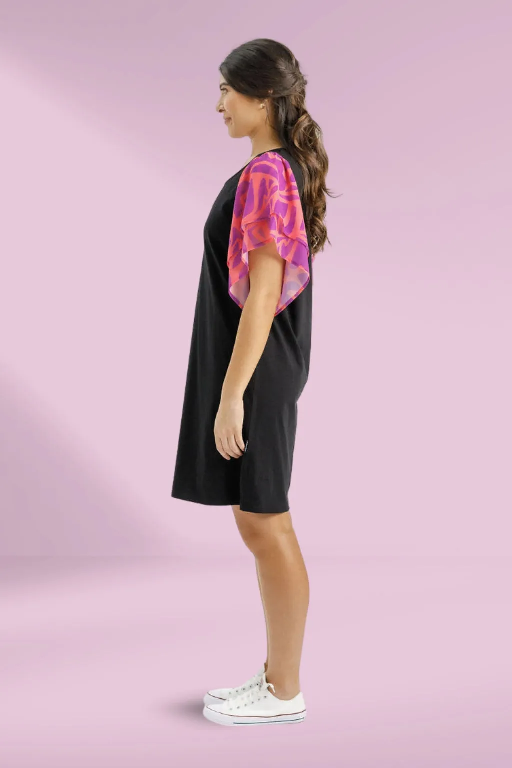 Homelee Lola Dress Black with Sunset Floral Sleeves
