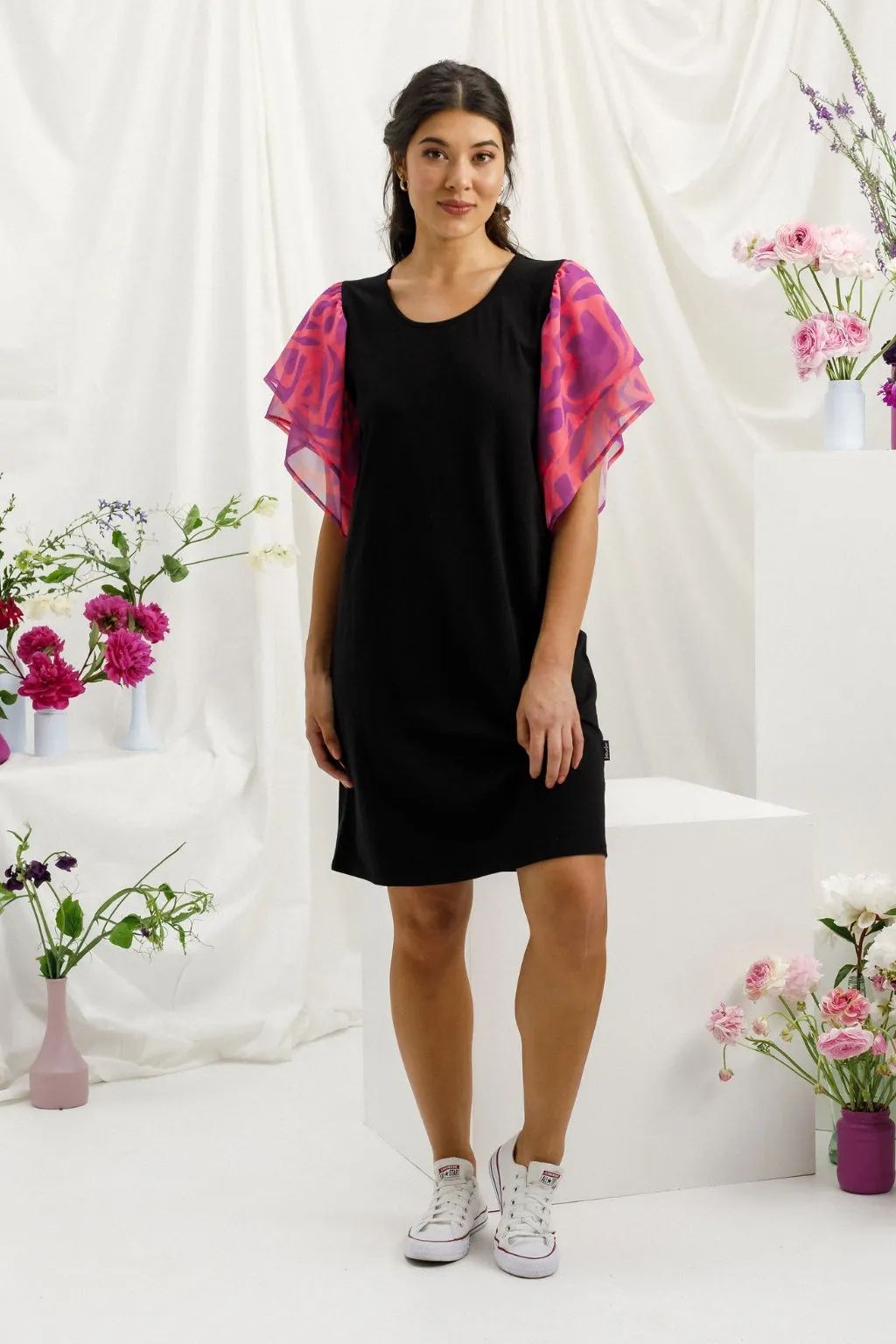 Homelee Lola Dress Black with Sunset Floral Sleeves