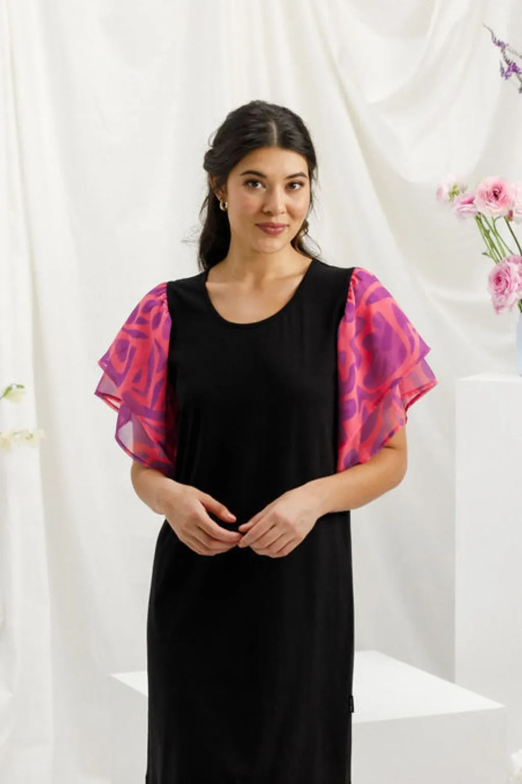 Homelee Lola Dress Black with Sunset Floral Sleeves