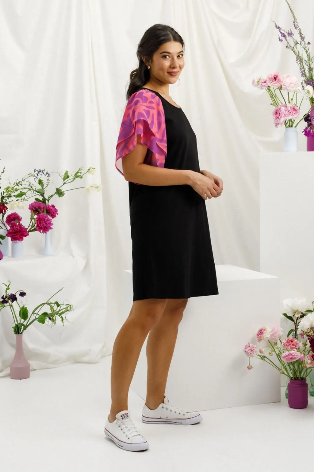 Homelee Lola Dress Black with Sunset Floral Sleeves