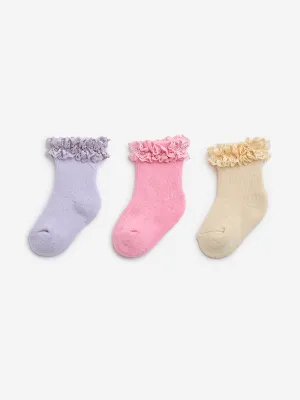 HOP Baby Multicolour Ruffled Cotton-Blend Socks - Pack of 3