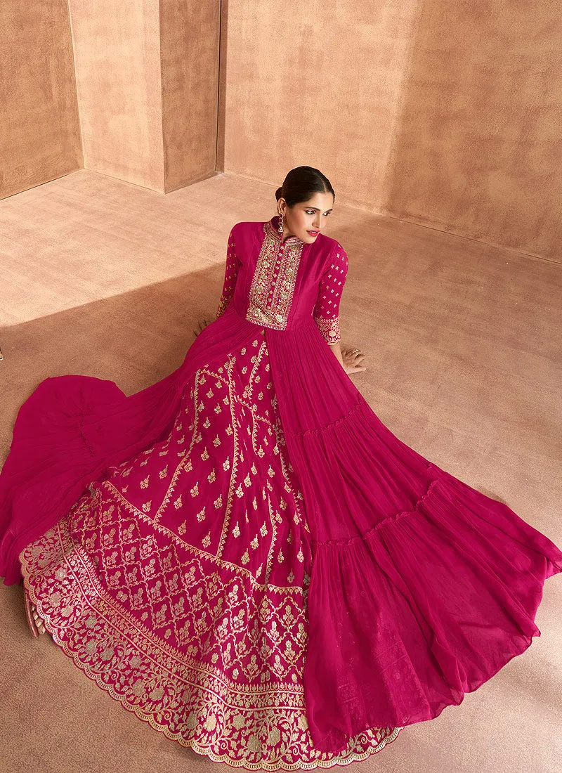 Hot Pink Slit Style Embroidered Anarkali Lehenga Suit