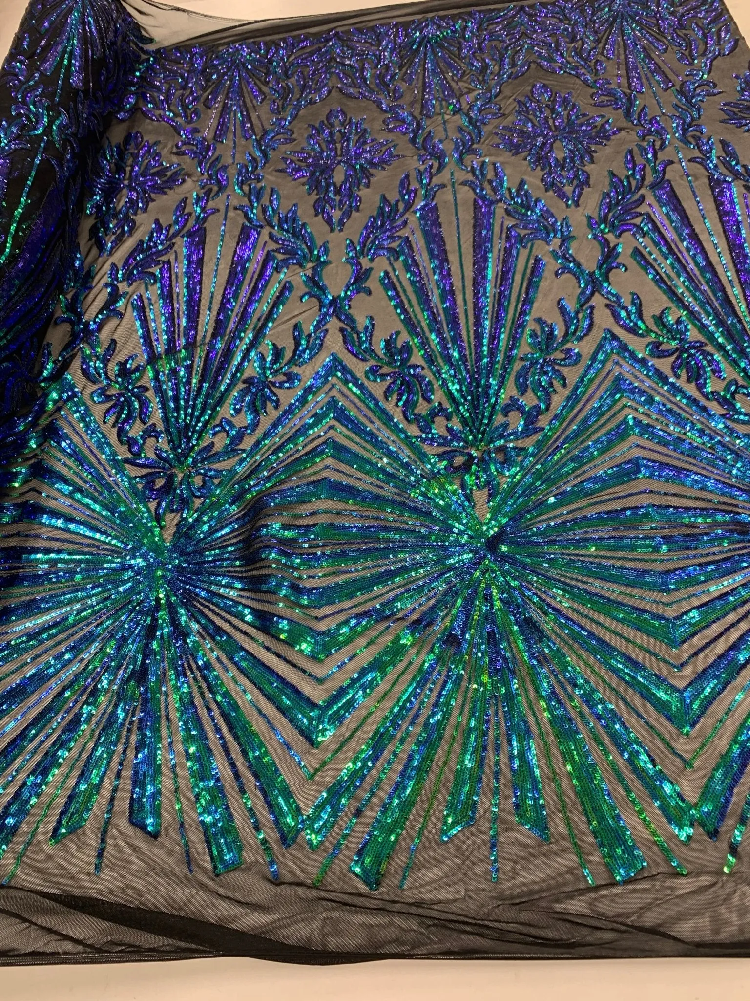 Iridescent Green Luxury Stretch Sequin Bridal Embroidery on Black Mesh Lace Fabric
