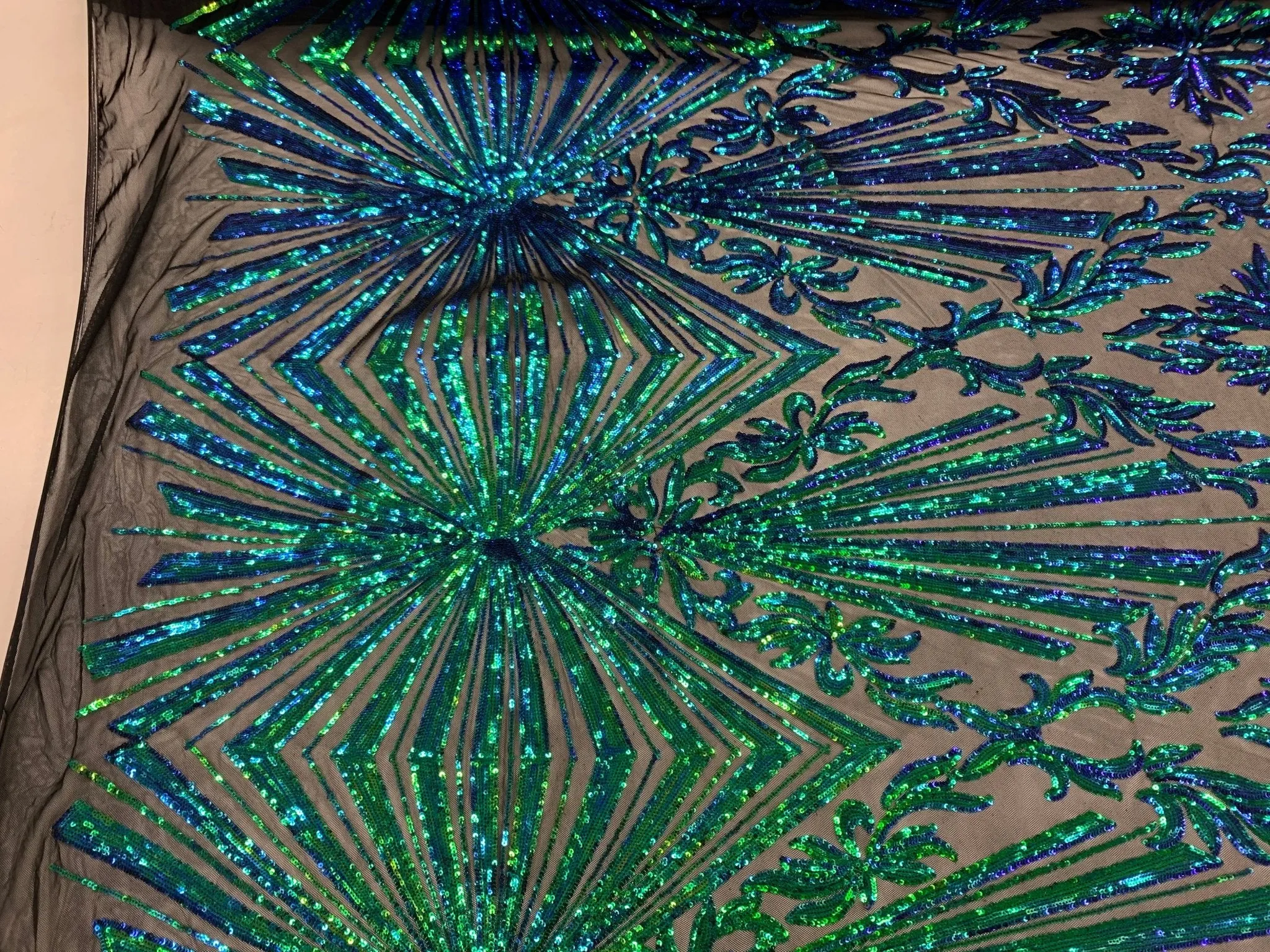 Iridescent Green Luxury Stretch Sequin Bridal Embroidery on Black Mesh Lace Fabric