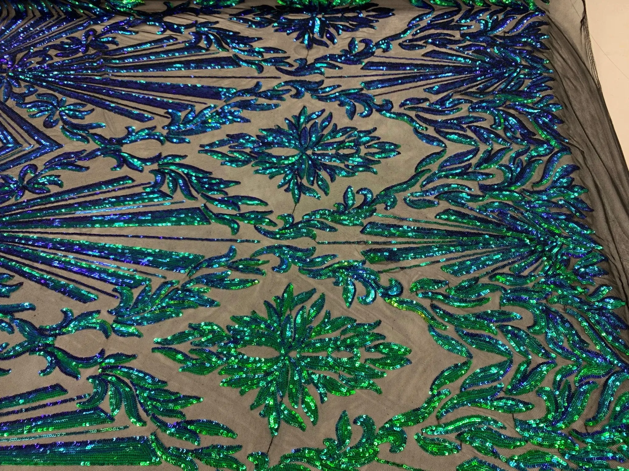 Iridescent Green Luxury Stretch Sequin Bridal Embroidery on Black Mesh Lace Fabric