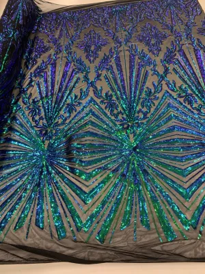 Iridescent Green Luxury Stretch Sequin Bridal Embroidery on Black Mesh Lace Fabric