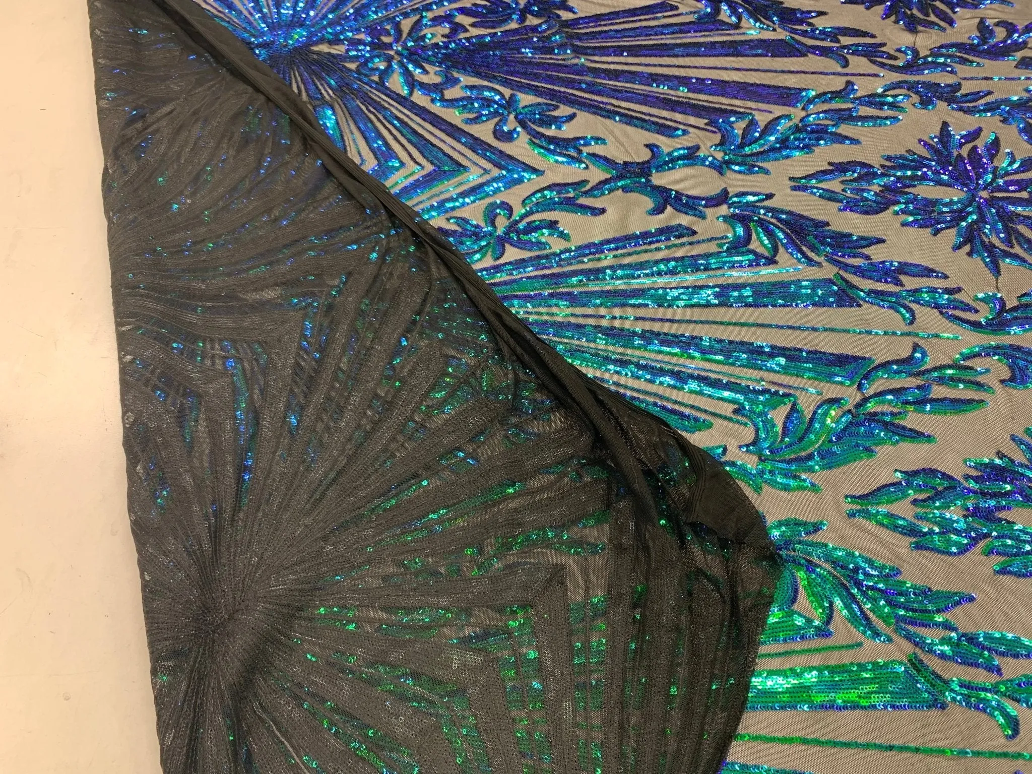 Iridescent Green Luxury Stretch Sequin Bridal Embroidery on Black Mesh Lace Fabric