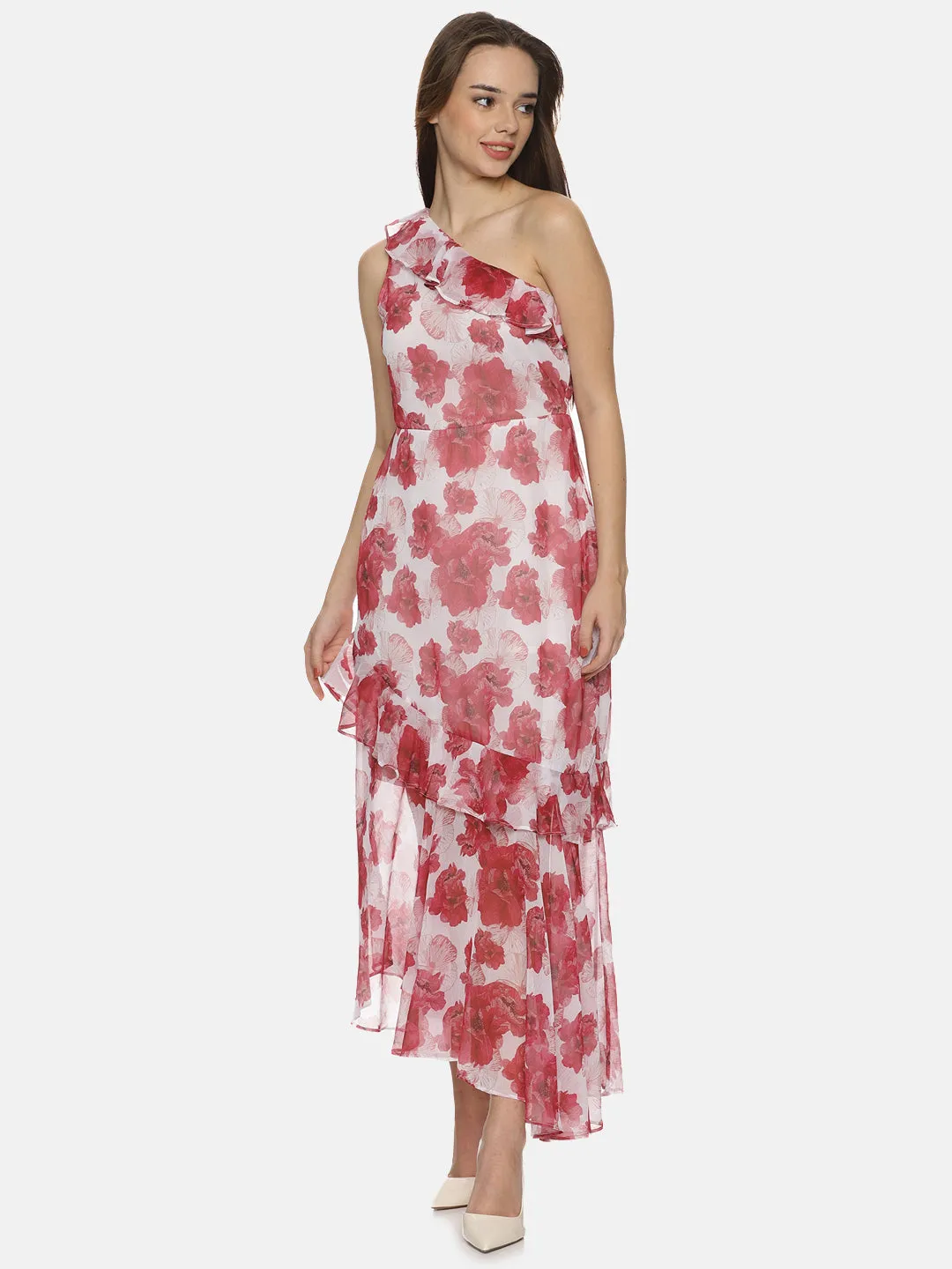 IS.U Floral White One Shoulder Asymmetrical Dress