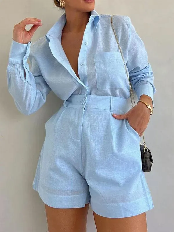Ivyshape | Blue Linen Blouse and Shorts Set for Women