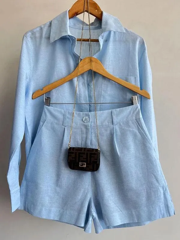 Ivyshape | Blue Linen Blouse and Shorts Set for Women
