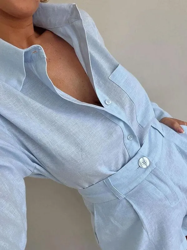 Ivyshape | Blue Linen Blouse and Shorts Set for Women