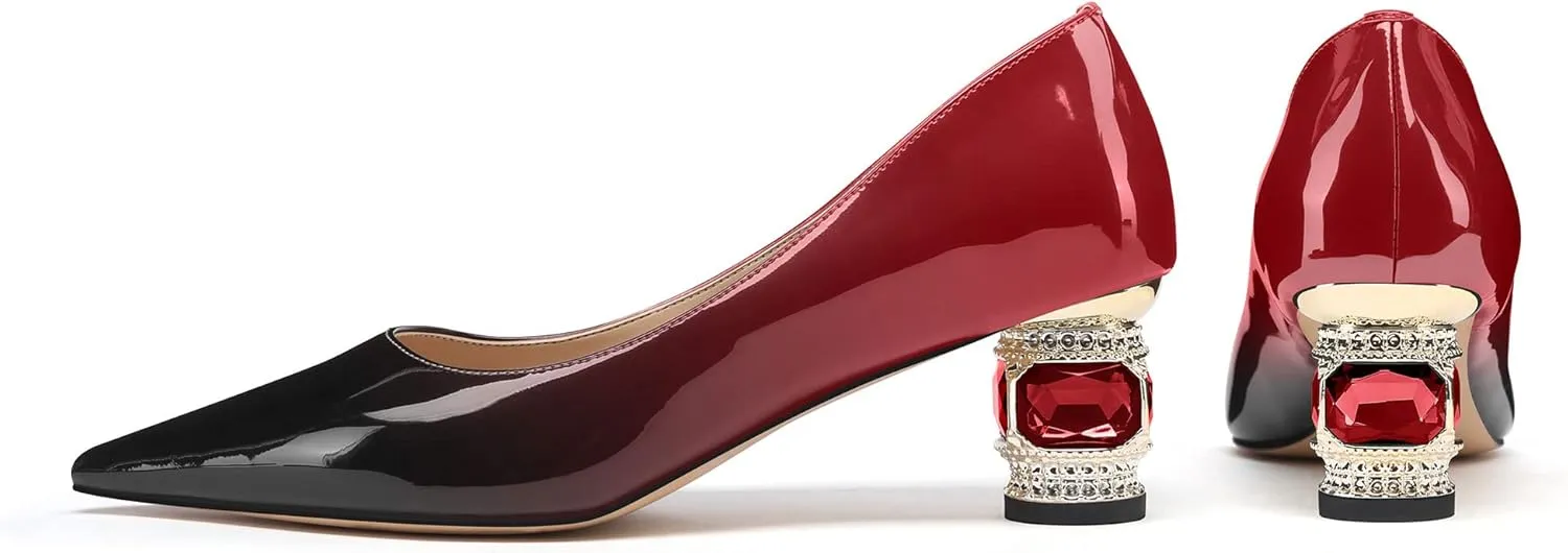 JANSEVEN Women Chunky Heels Pumps Crystal Block Heels with Rhinestones Pointed Toe Sexy Gradient Patent Leather Slip on Bridal Party Wedding Dress Shoes Size 5-13 US