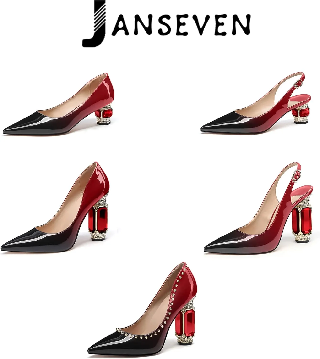 JANSEVEN Women Chunky Heels Pumps Crystal Block Heels with Rhinestones Pointed Toe Sexy Gradient Patent Leather Slip on Bridal Party Wedding Dress Shoes Size 5-13 US