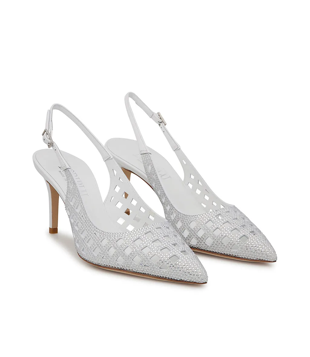Jewel white suede laser-cut detailed slingbacks