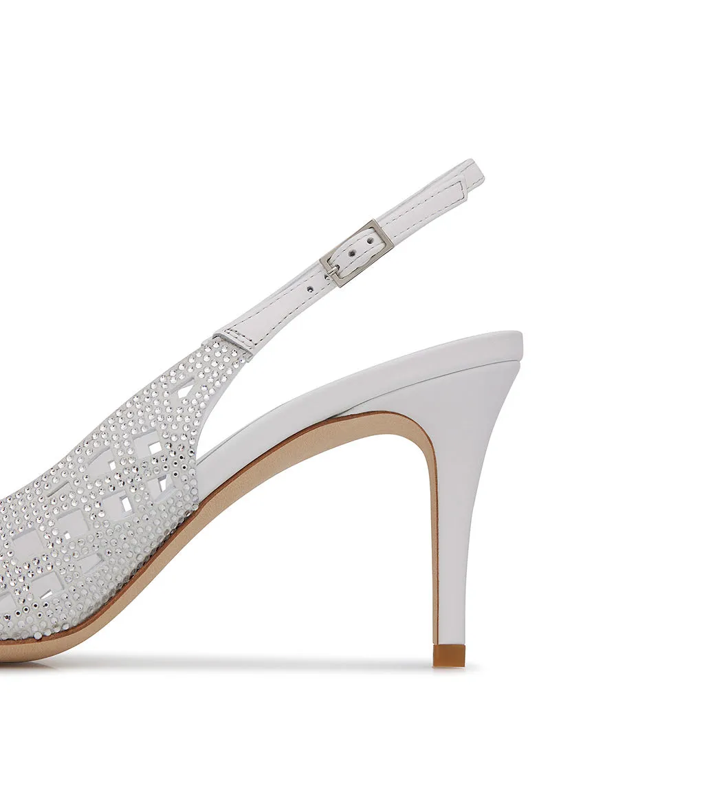 Jewel white suede laser-cut detailed slingbacks