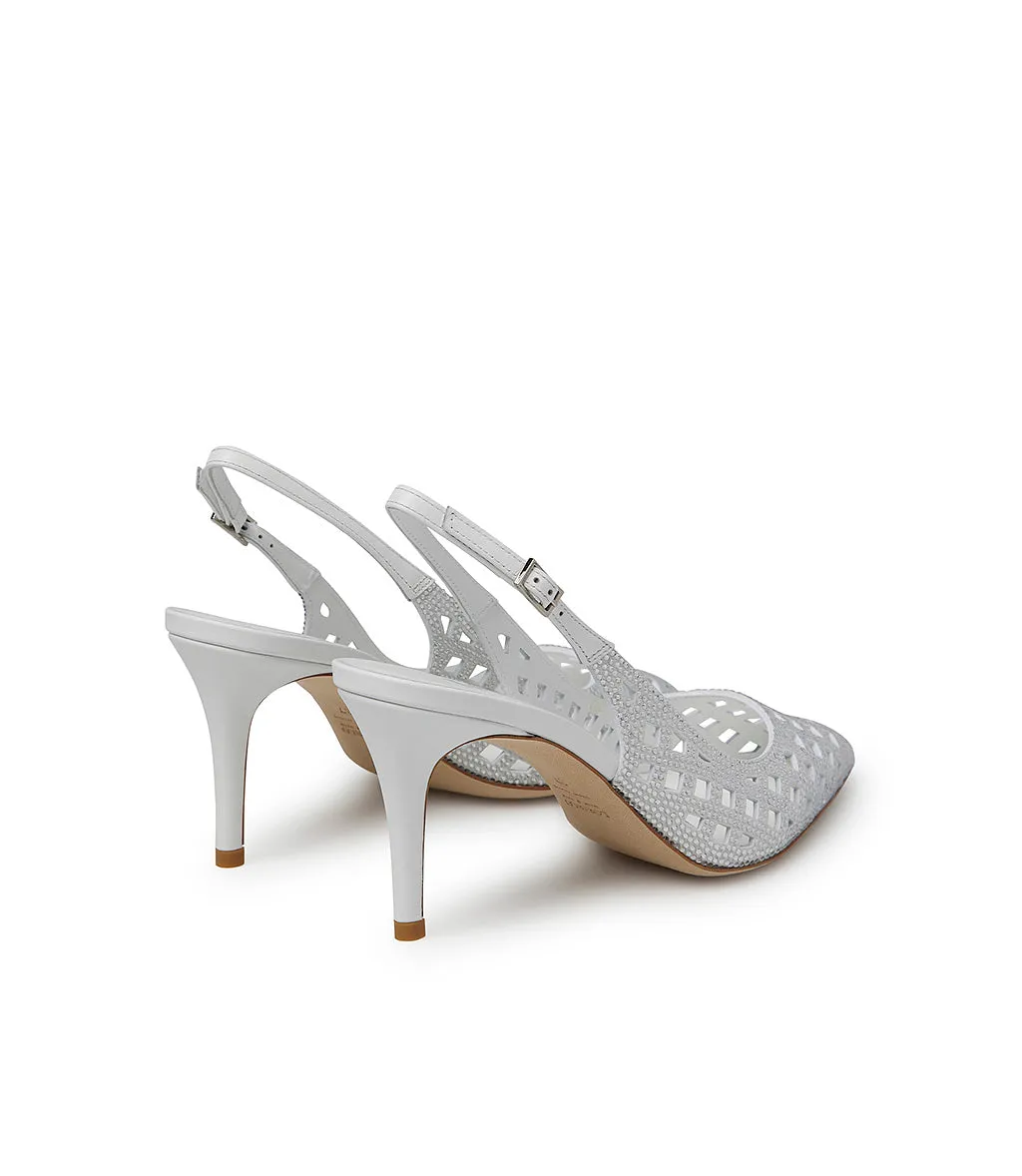 Jewel white suede laser-cut detailed slingbacks