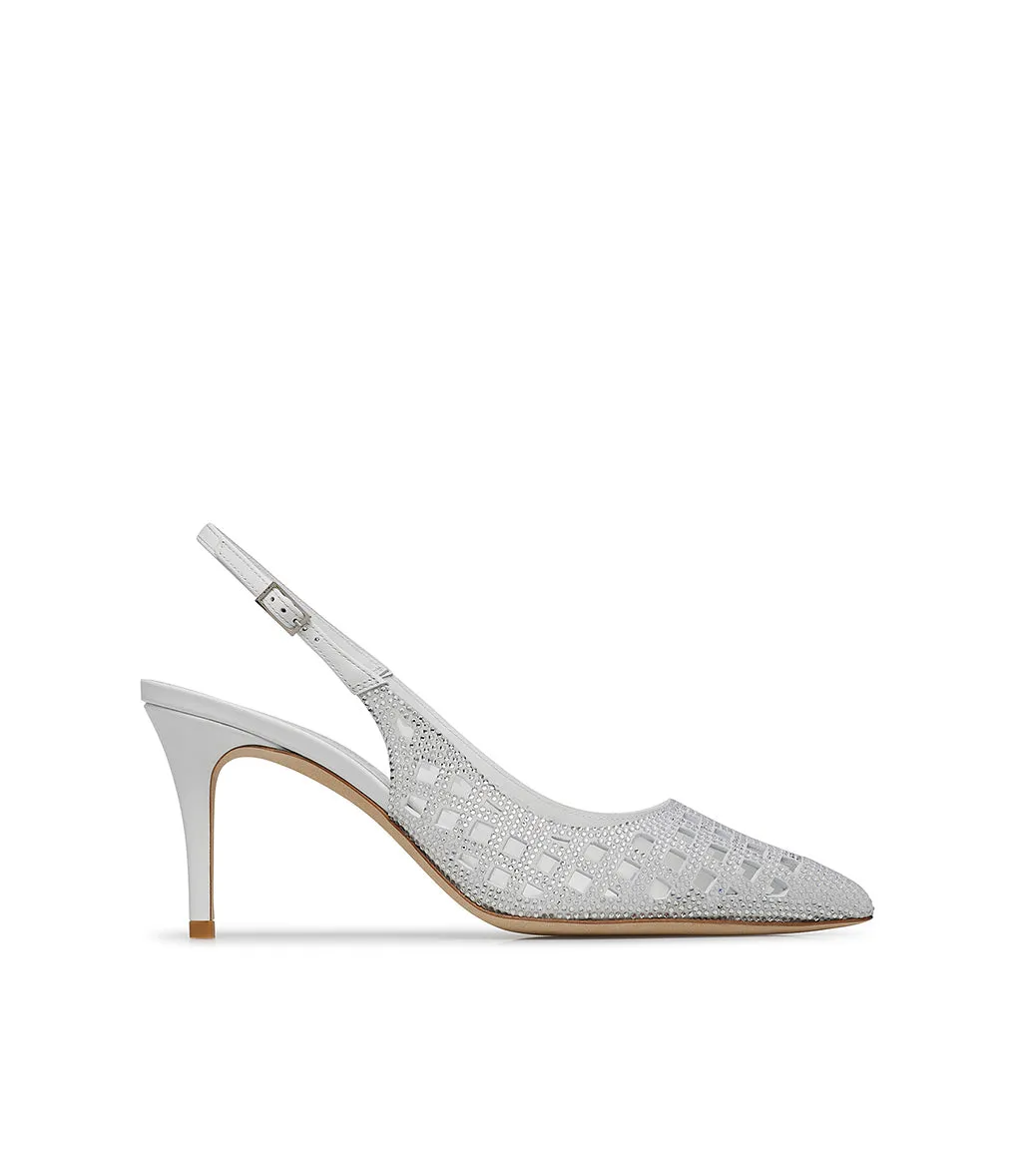 Jewel white suede laser-cut detailed slingbacks