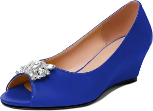 Joseywade Peep Toe Wedges Heels Pumps Low Wedge Heels 2 Inch Rhinstone Womens Slip On Pumps