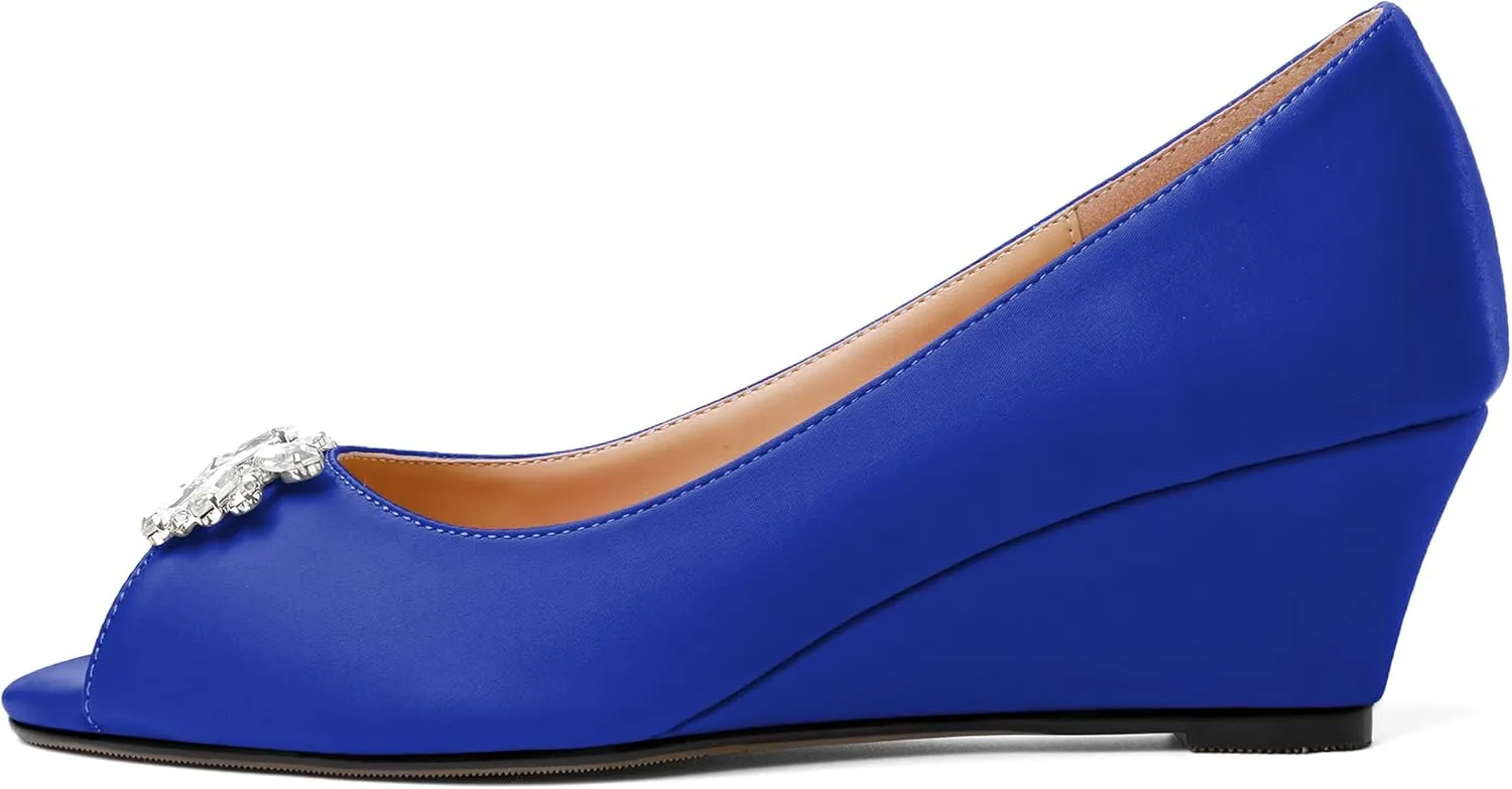 Joseywade Peep Toe Wedges Heels Pumps Low Wedge Heels 2 Inch Rhinstone Womens Slip On Pumps