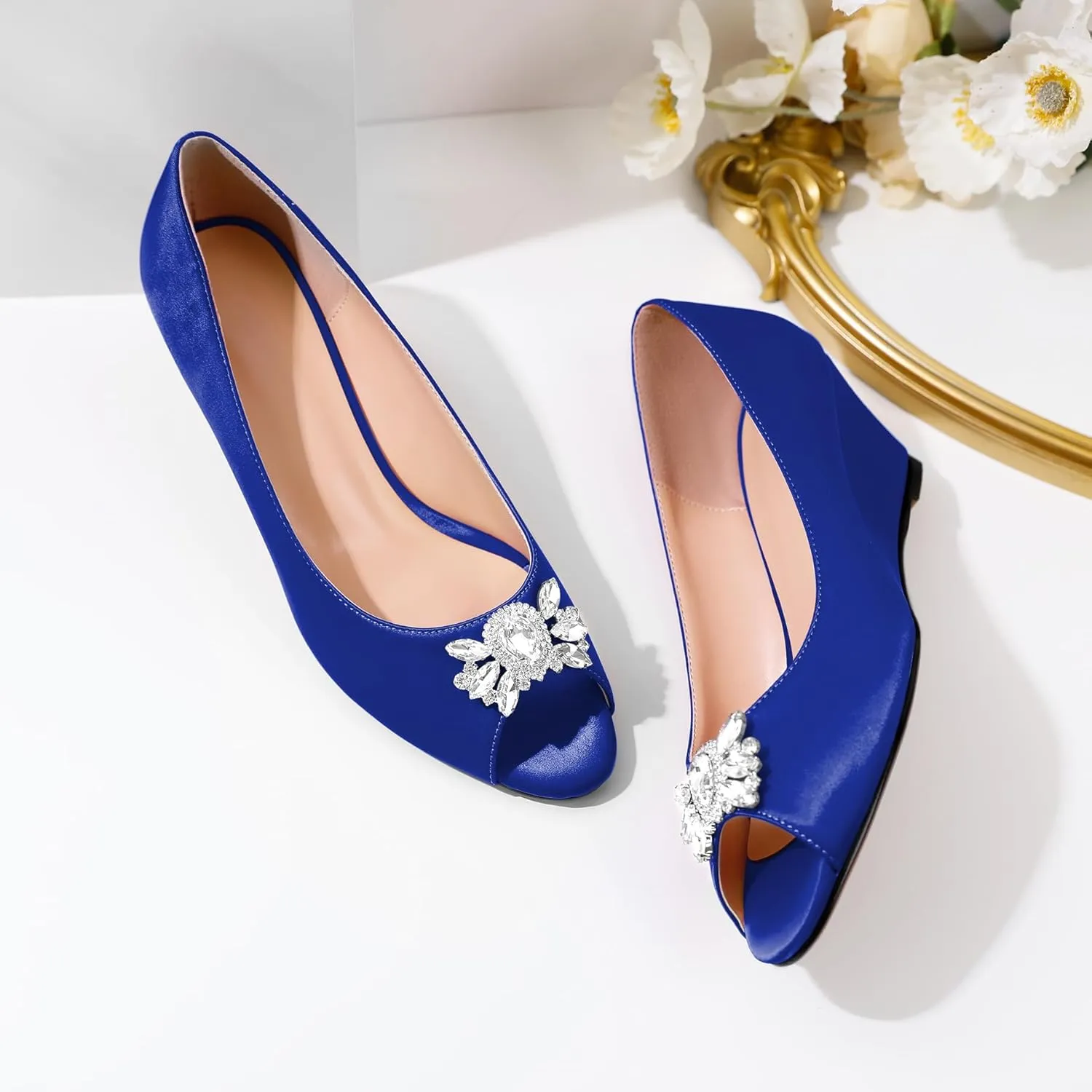 Joseywade Peep Toe Wedges Heels Pumps Low Wedge Heels 2 Inch Rhinstone Womens Slip On Pumps