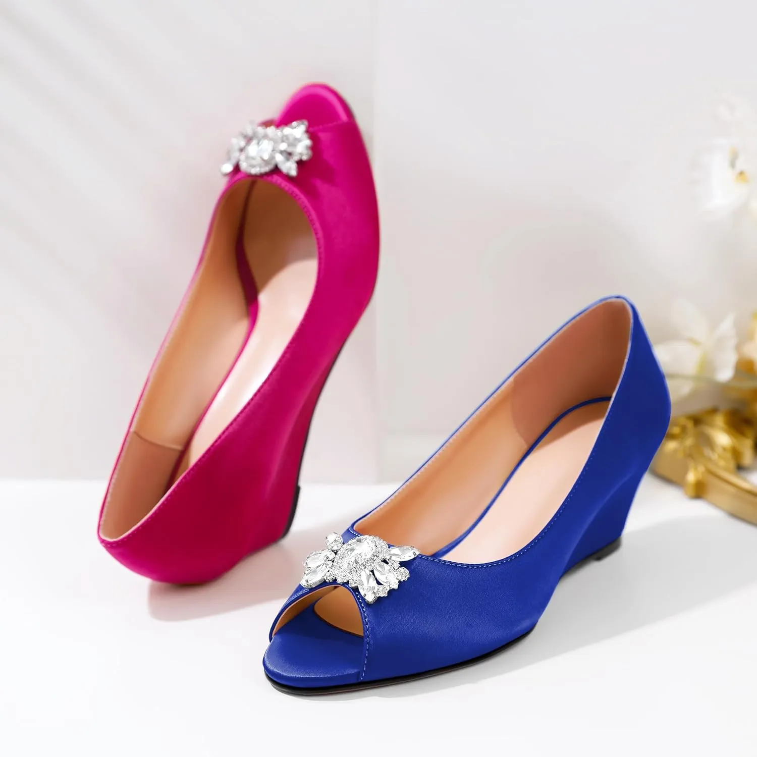 Joseywade Peep Toe Wedges Heels Pumps Low Wedge Heels 2 Inch Rhinstone Womens Slip On Pumps