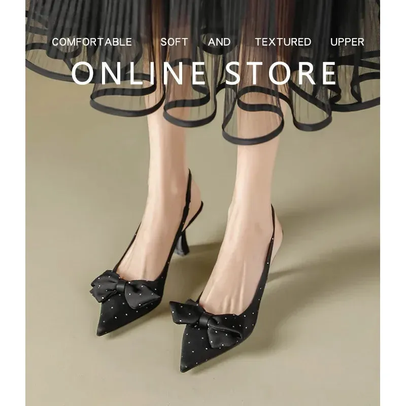 Joskaa Bow Patent Leather Slingbacks Heels  New Temperament Women Stilettos Shoes Elegant Pointed Toe Loop Strap Pumps For Woman