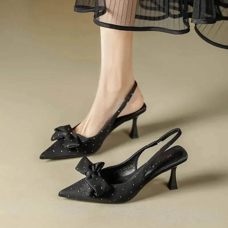 Joskaa Bow Patent Leather Slingbacks Heels  New Temperament Women Stilettos Shoes Elegant Pointed Toe Loop Strap Pumps For Woman