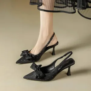 Joskaa Bow Patent Leather Slingbacks Heels  New Temperament Women Stilettos Shoes Elegant Pointed Toe Loop Strap Pumps For Woman