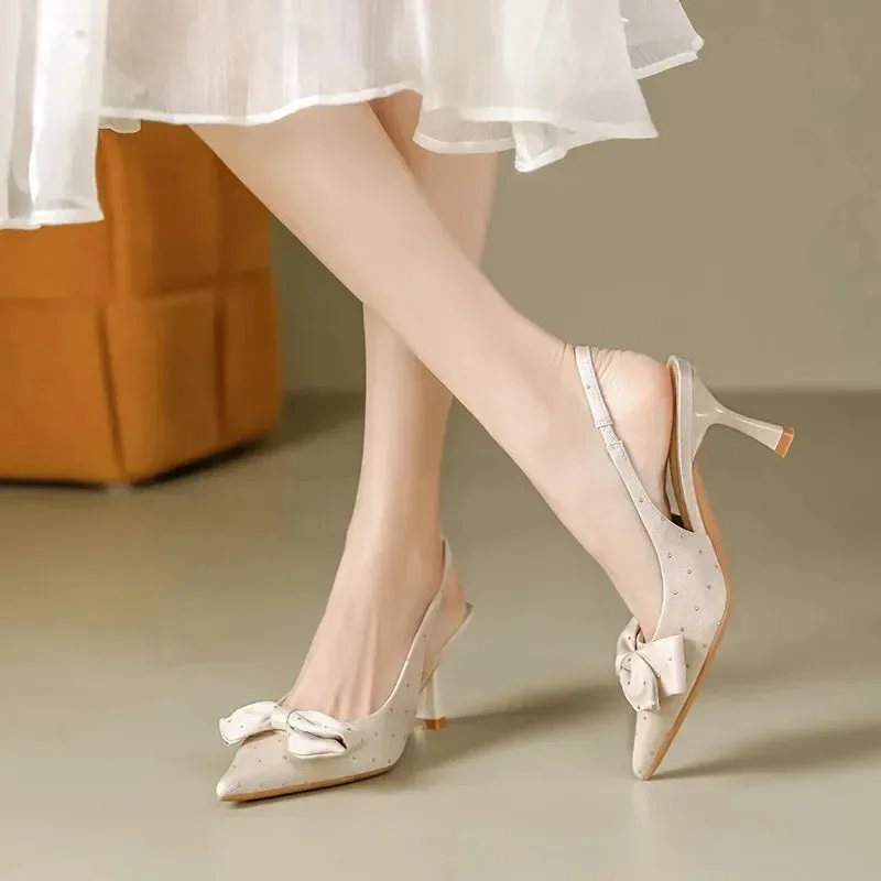 Joskaa Bow Patent Leather Slingbacks Heels  New Temperament Women Stilettos Shoes Elegant Pointed Toe Loop Strap Pumps For Woman
