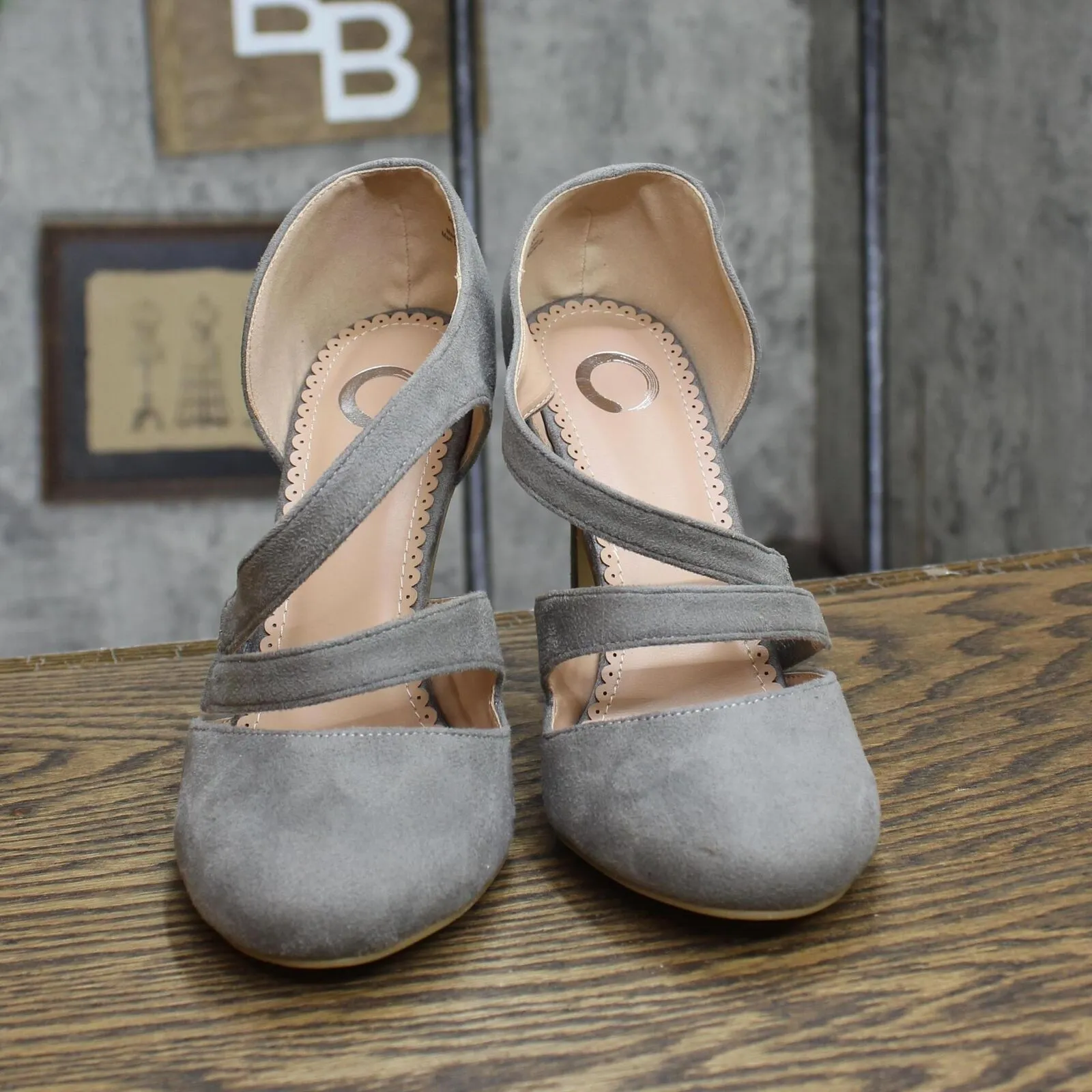 Journee Collection Round Toe Faux Suede Crossover Strap High Heels Gray 8M