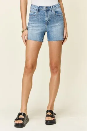 Judy BlueHigh Waist Rhinestone Decor Denim Shorts- Regular and Plus Size